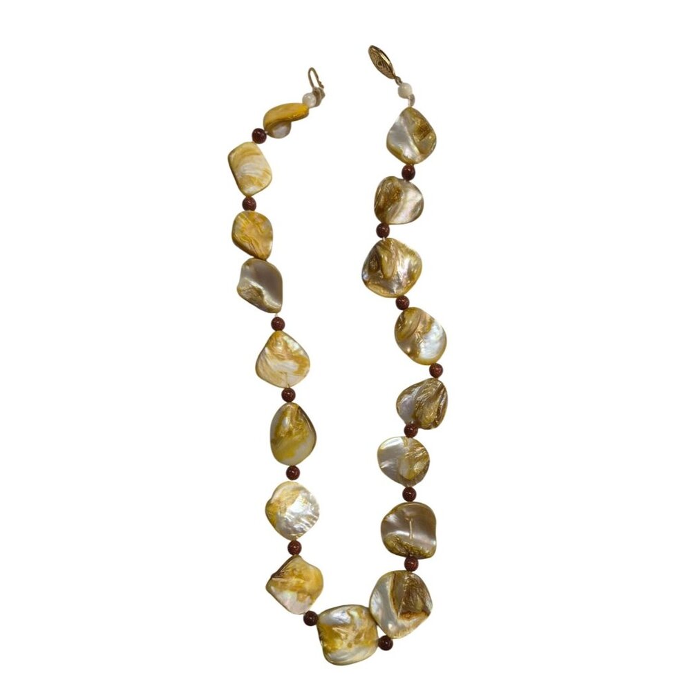 Yellow Mother of Pearl Necklace Goldstone Beads & Ornate Gold-Tone Clasp - Picture 6 of 10